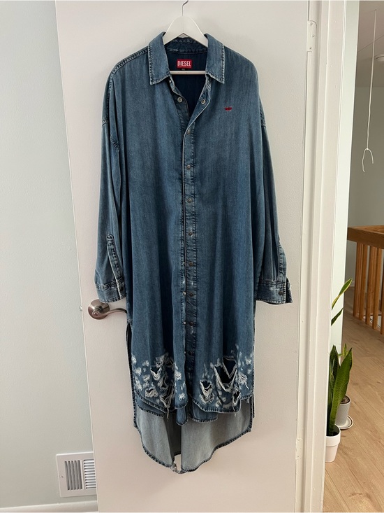 Diesel Dresses & Skirts - Diesel Blue Distressed Denim Midi Shirt Dress